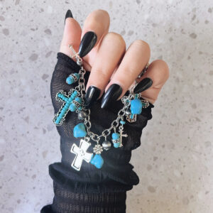 Bohemian Style Turquoise Beaded Bracelet with Cross Charms - Vintage Silver Tone Chain Bracelet for Women