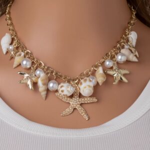 Ocean-Inspired Seashell & Starfish Charm Necklace - Gold-Tone Beaded Statement Jewelry with Pearl Accents - Perfect for Beach Lovers