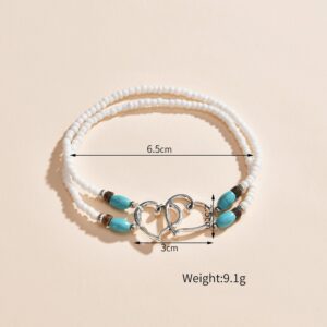Bohemian Style Anklet with Double Layer White Beads and Turquoise Charms - Adjustable Heart Pendant Beach Foot Jewelry