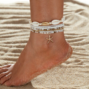 Beachy Layered Anklet Set with Starfish Charm and Shell Beads - Adjustable Ocean-Inspired Foot Jewelry for Women