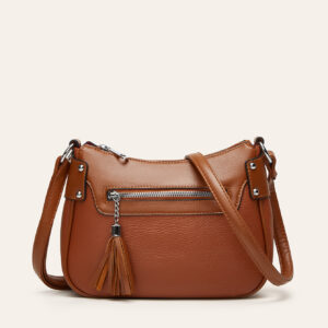 Elegant Tan Leather Crossbody Bag with Zipper Pocket and Tassel Detail