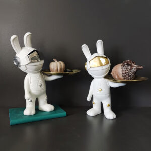 Adorable Bunny Figurine with Tray - White Rabbit Home Decorative Sculpture with Gold Accents