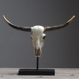 Rustic Bull Skull Wall Mount - Long Horn Steer Skull Decorative Display with Stand - Western Style Home Decor