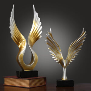 Angel Wing Sculpture Set - Gold and Silver Tone Decorative Wings on Black Base - Elegant Home Decor Accents