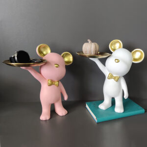 Adorable Mouse Figurine with Serving Tray - Pink and White Home Decor Accents for Kids and Adults