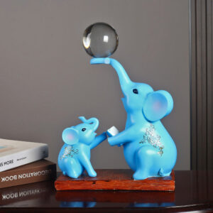 Adorable Blue Elephant Family Statue Set - Mother and Baby Elephant Figurines with Crystal Balls - Home Decor Accent Piece for Shelves and Tables
